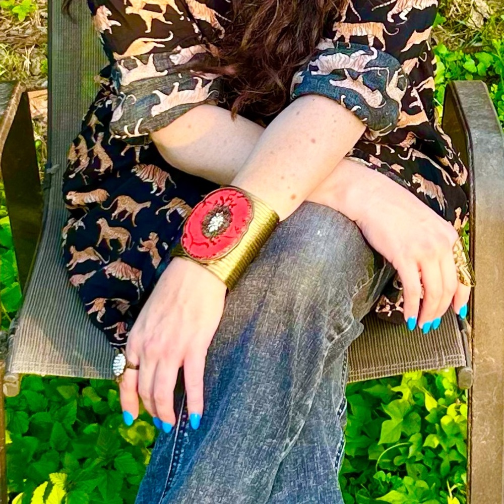 Vintage Studded Red Turquoise Brass Boho Statement Cuff - Picture 11 of 11